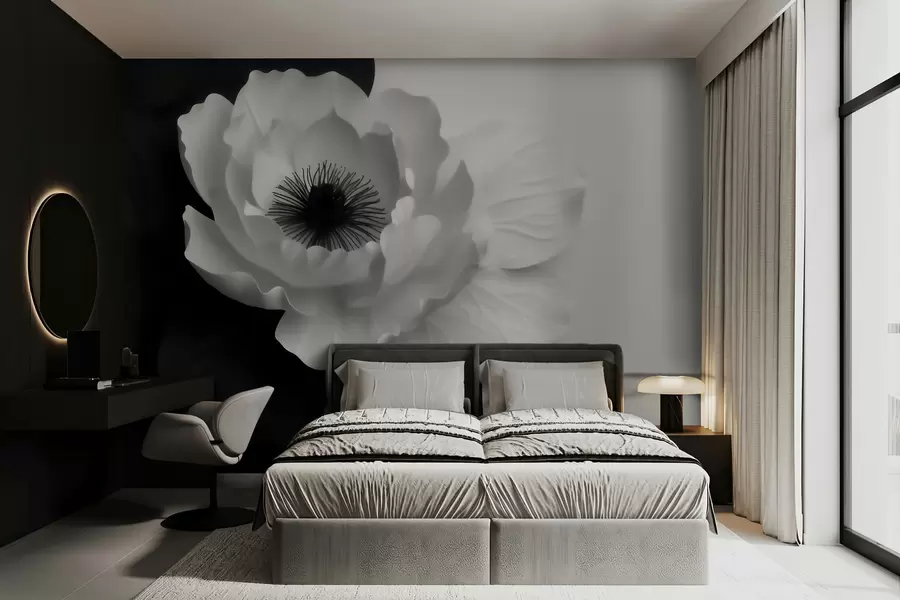 murais de parede Uma flor branca em contraste com o centro escuro, sobre um fundo em preto e branco w09852