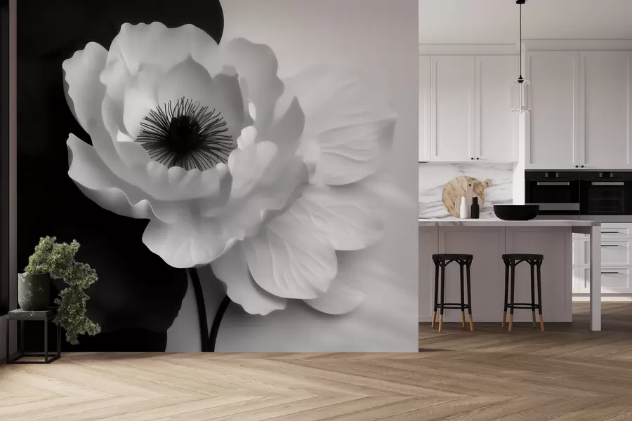 murais de parede Uma flor branca em contraste com o centro escuro, sobre um fundo em preto e branco w09852