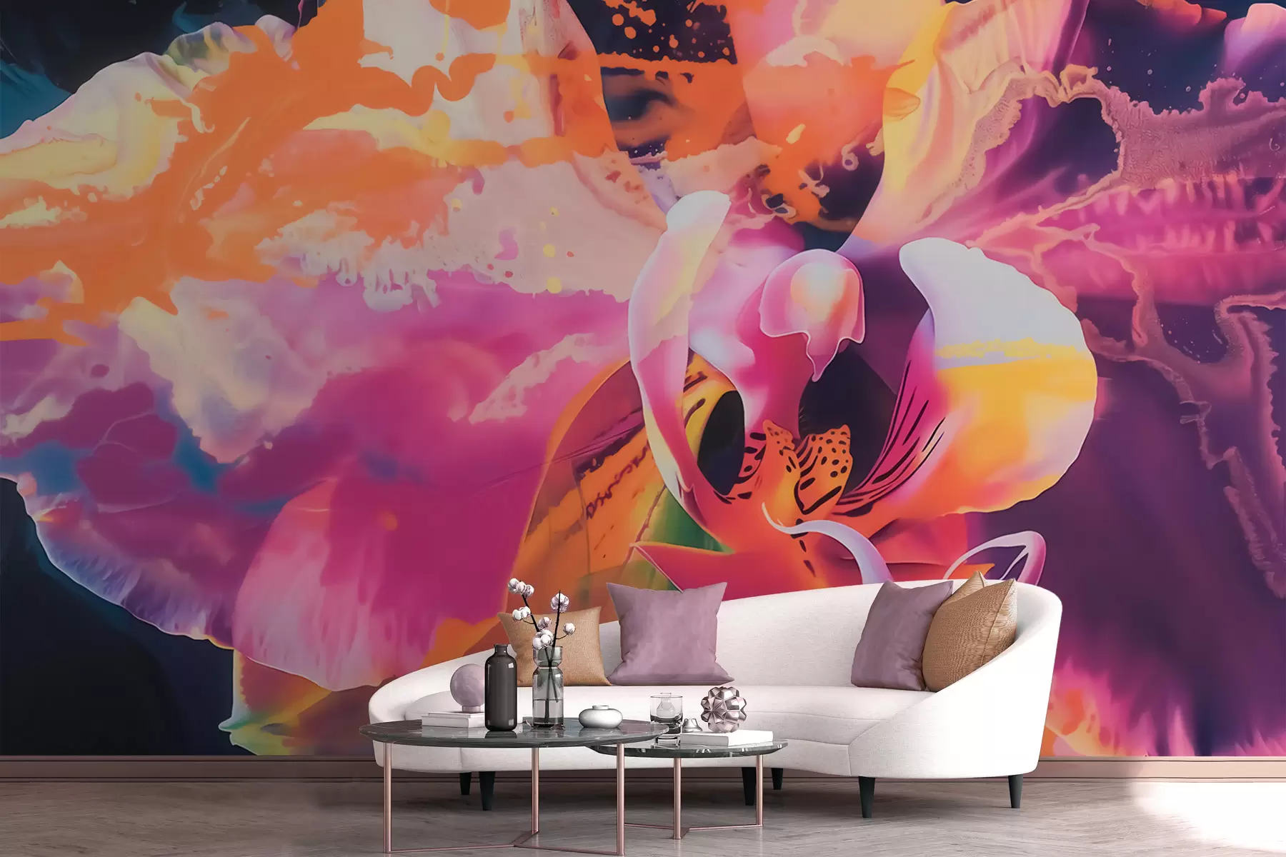 murais de parede Uma flor de orquídea abstrata e vibrante, com cores intensas e formas dinâmicas, em estilo aquarela w09855