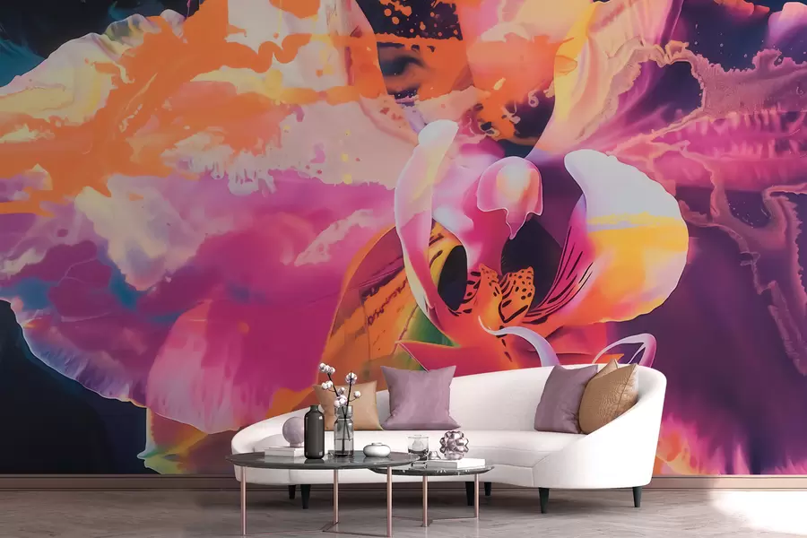 murais de parede Uma flor de orquídea abstrata e vibrante, com cores intensas e formas dinâmicas, em estilo aquarela w09855