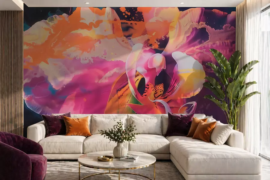 murais de parede Uma flor de orquídea abstrata e vibrante, com cores intensas e formas dinâmicas, em estilo aquarela w09855