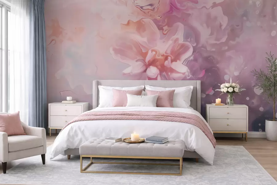 murais de parede Uma composição abstrata com uma flor e suaves pinceladas em rosa, em estilo aquarela w09859