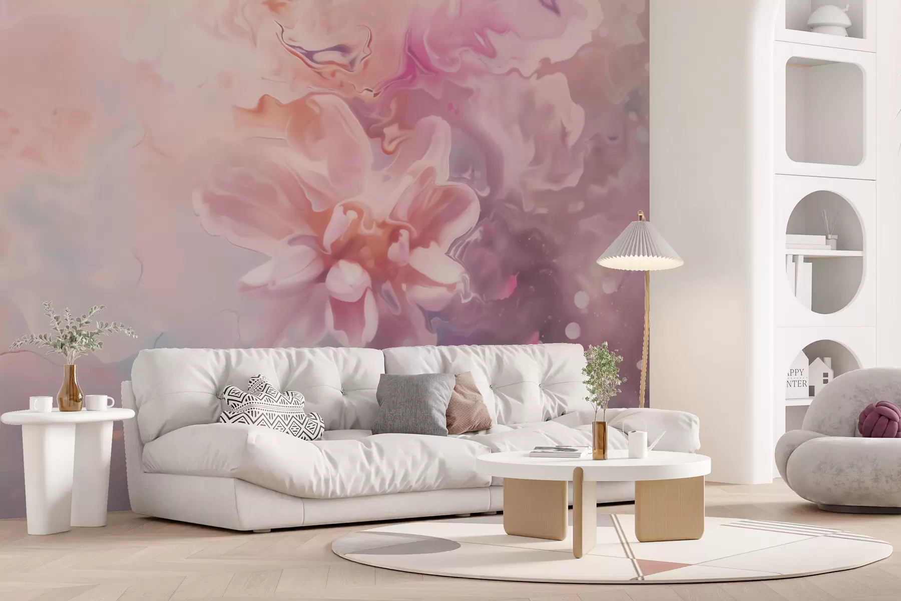 murais de parede Uma composição abstrata com uma flor e suaves pinceladas em rosa, em estilo aquarela w09859