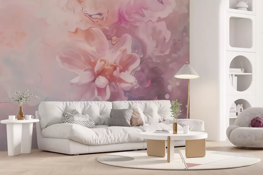 murais de parede Uma composição abstrata com uma flor e suaves pinceladas em rosa, em estilo aquarela w09859