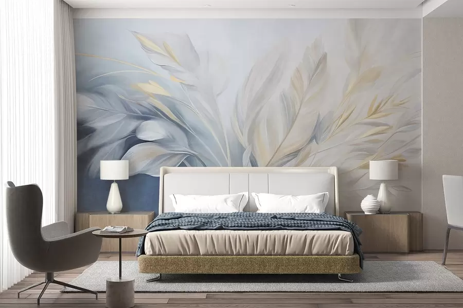 murais de parede Penas texturizadas com detalhes em amarelo, sobre um fundo suave em azul claro e branco w09826