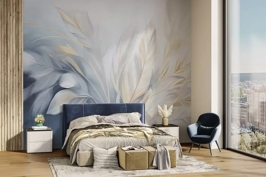 murais de parede Penas texturizadas com detalhes em amarelo, sobre um fundo suave em azul claro e branco w09826