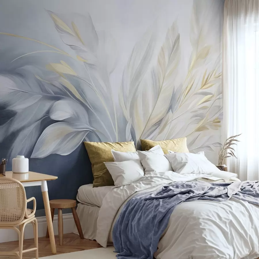 murais de parede Penas texturizadas com detalhes em amarelo, sobre um fundo suave em azul claro e branco w09826