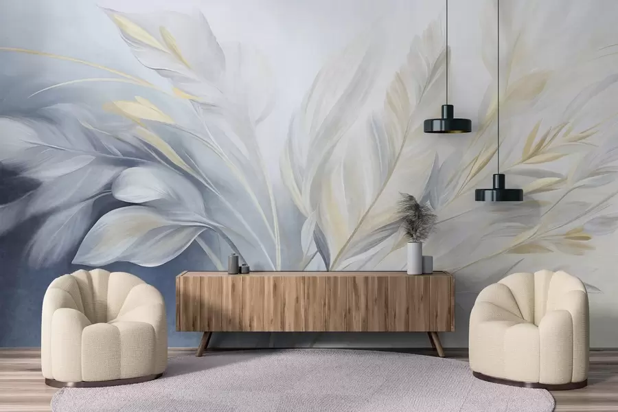 murais de parede Penas texturizadas com detalhes em amarelo, sobre um fundo suave em azul claro e branco w09826