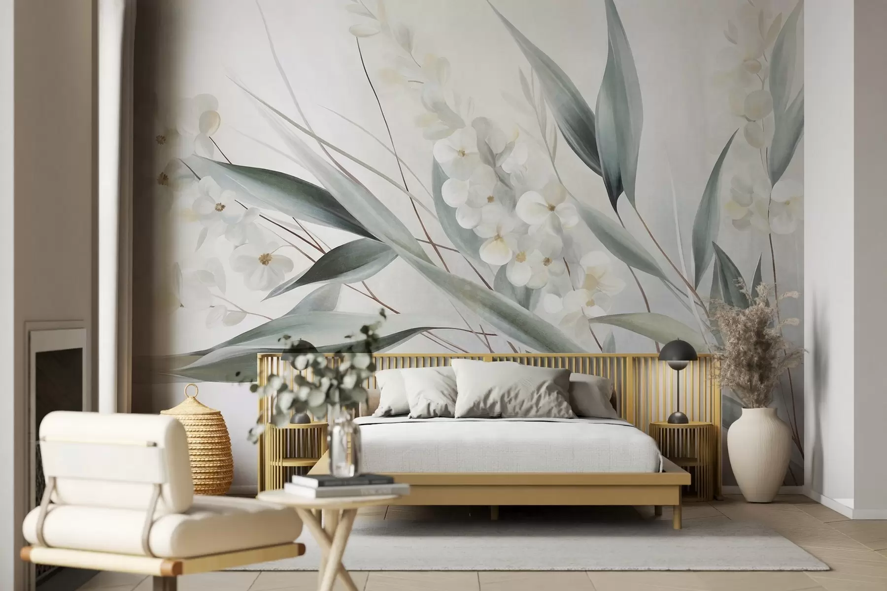 murais de parede Flores delicadas e longas folhas verdes em um estilo pictórico com pinceladas sutis, arte texturizada w09827