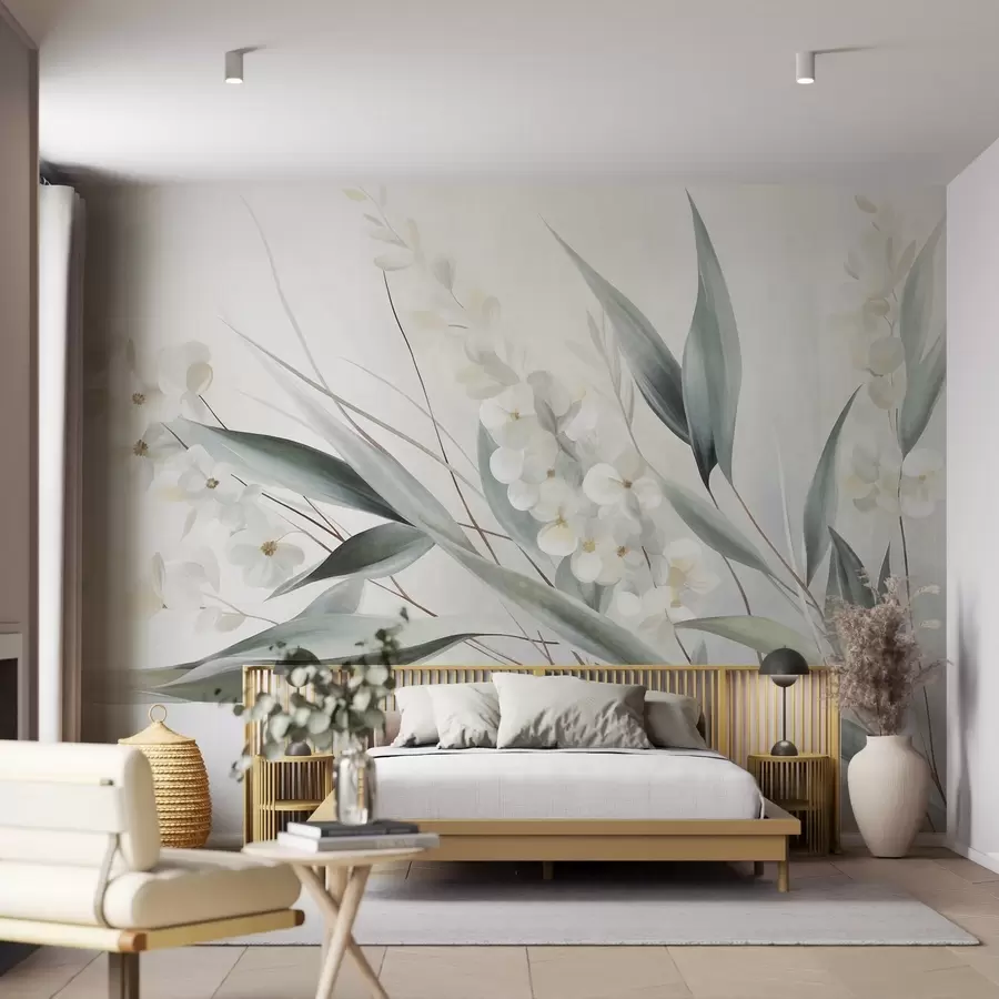 murais de parede Flores delicadas e longas folhas verdes em um estilo pictórico com pinceladas sutis, arte texturizada w09827