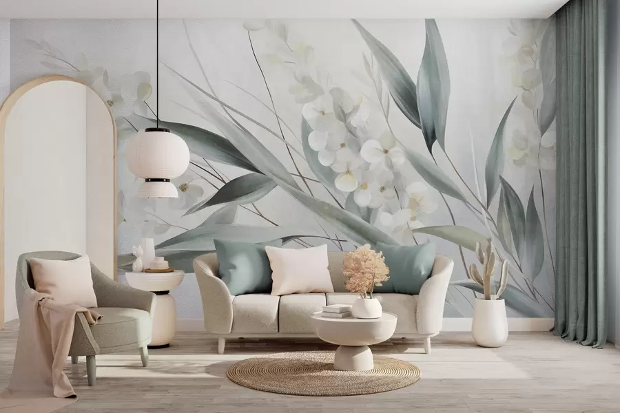 murais de parede Flores delicadas e longas folhas verdes em um estilo pictórico com pinceladas sutis, arte texturizada w09827