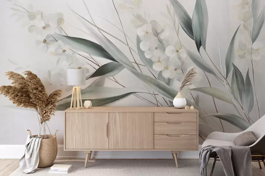 murais de parede Flores delicadas e longas folhas verdes em um estilo pictórico com pinceladas sutis, arte texturizada w09827