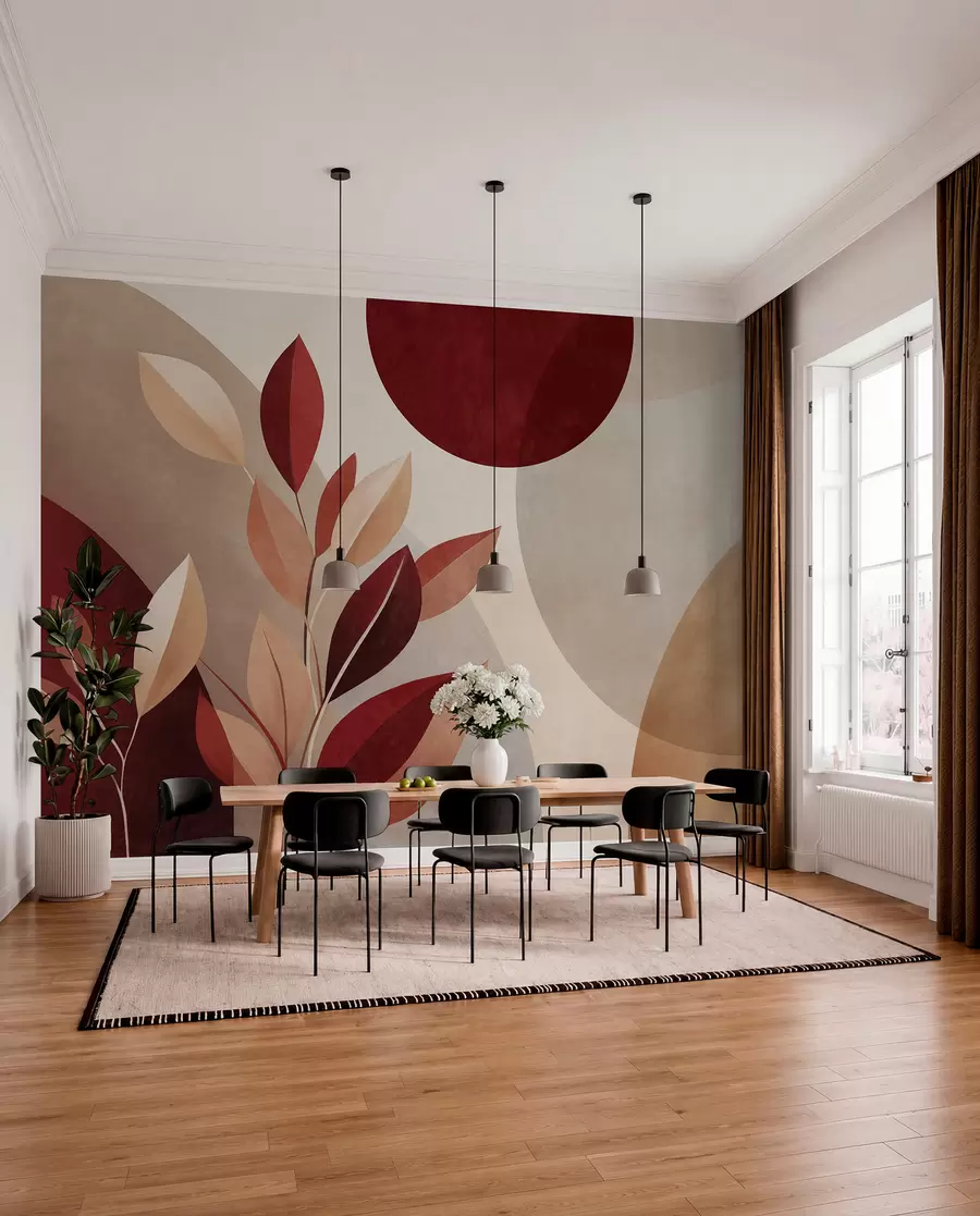 murais de parede Folhas texturizadas em tons de bordô e bege sobre um fundo de formas abstratas, minimalismo, arte moderna w09829