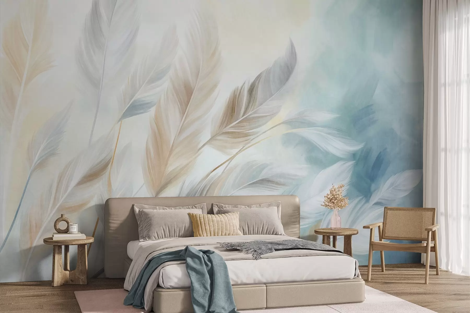 murais de parede Penas em tons pastéis com textura e bordas suaves e esvoaçantes, sobre um fundo em estilo aquarela w09833