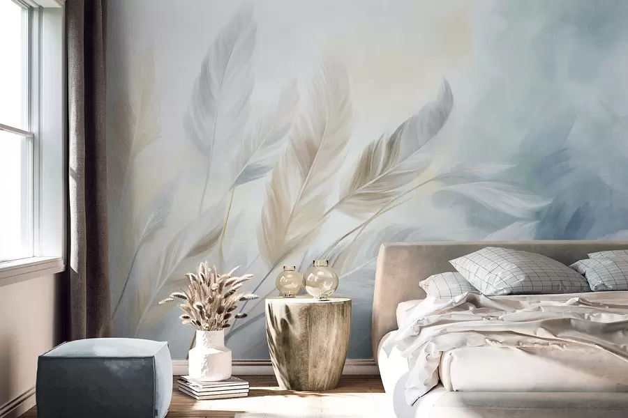 murais de parede Penas em tons pastéis com textura e bordas suaves e esvoaçantes, sobre um fundo em estilo aquarela w09833