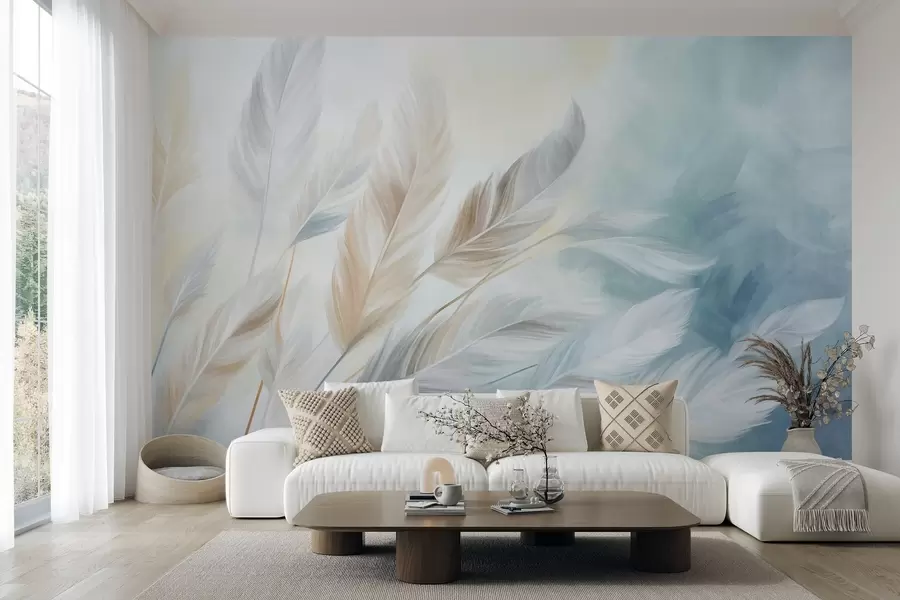 murais de parede Penas em tons pastéis com textura e bordas suaves e esvoaçantes, sobre um fundo em estilo aquarela w09833