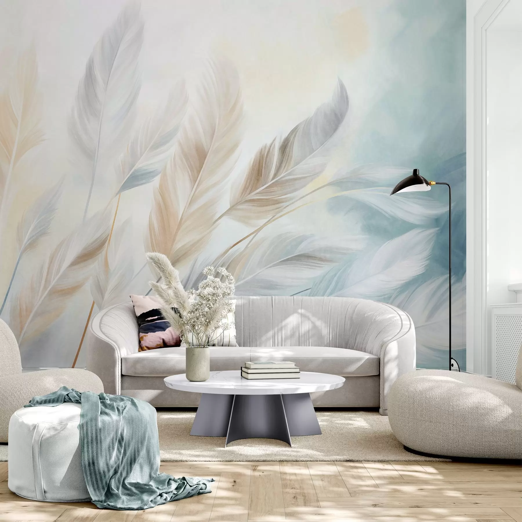 murais de parede Penas em tons pastéis com textura e bordas suaves e esvoaçantes, sobre um fundo em estilo aquarela w09833