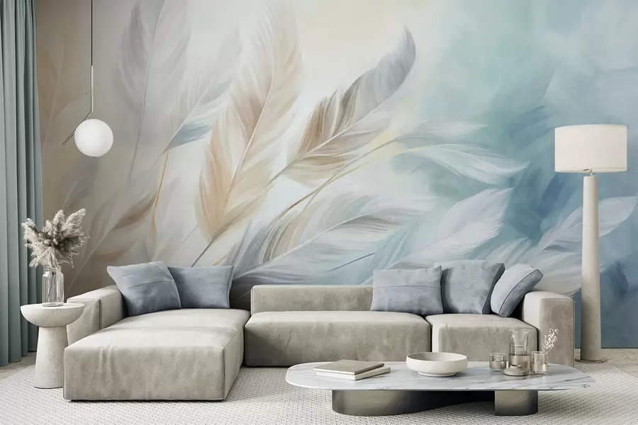 murais de parede Penas em tons pastéis com textura e bordas suaves e esvoaçantes, sobre um fundo em estilo aquarela w09833