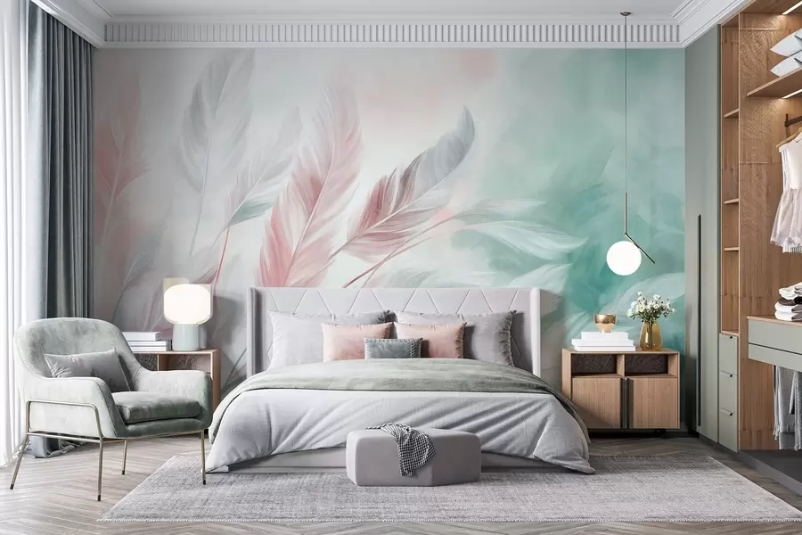 murais de parede Penas em tons pastéis com textura e bordas suaves e esvoaçantes, sobre um fundo em estilo aquarela w09833v1