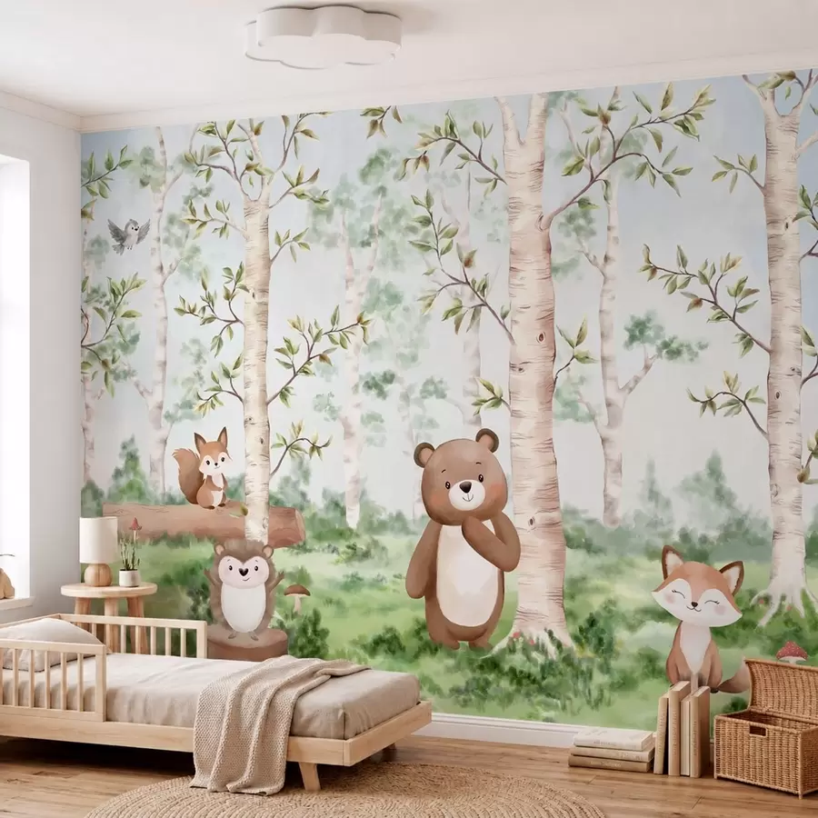 murais de parede Uma ilustração infantil de uma floresta com um urso, uma raposa e um ouriço w05532