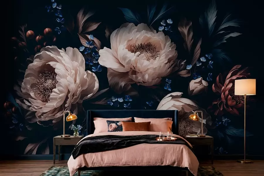 murais de parede Composição floral em tons escuros com flores grandes e folhas w05533