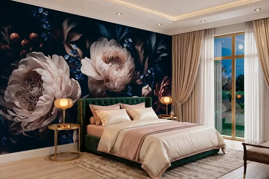 murais de parede Composição floral em tons escuros com flores grandes e folhas w05533