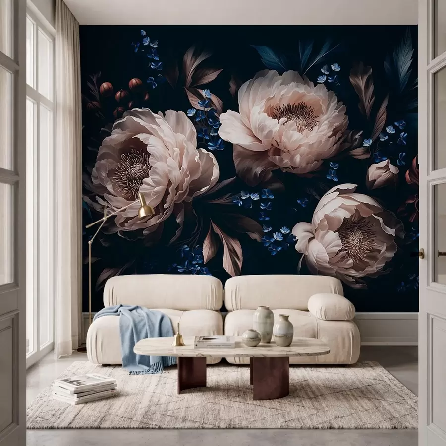 murais de parede Composição floral em tons escuros com flores grandes e folhas w05533