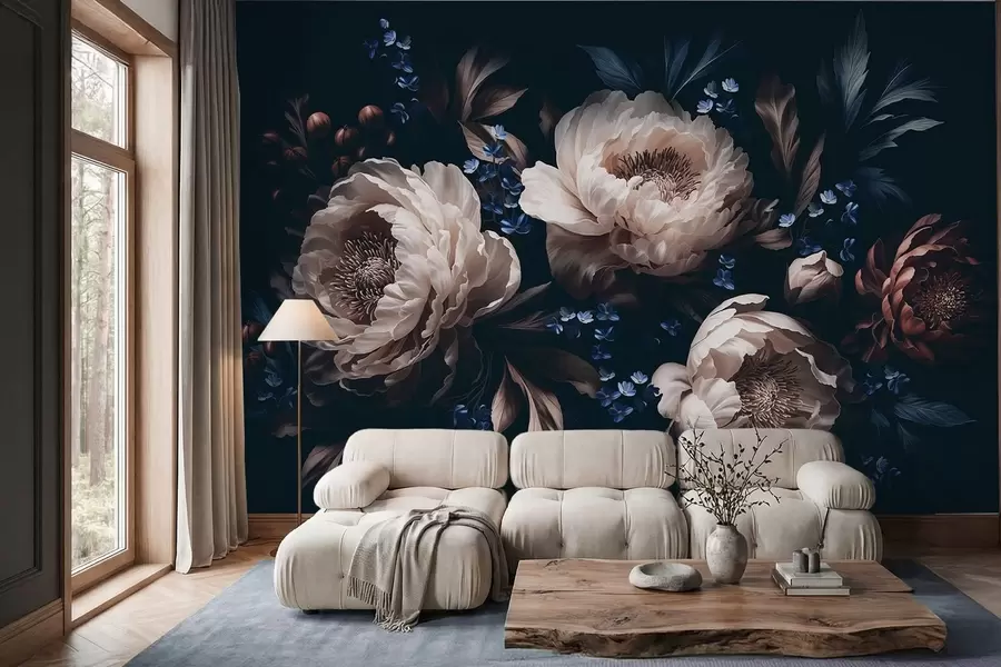 murais de parede Composição floral em tons escuros com flores grandes e folhas w05533