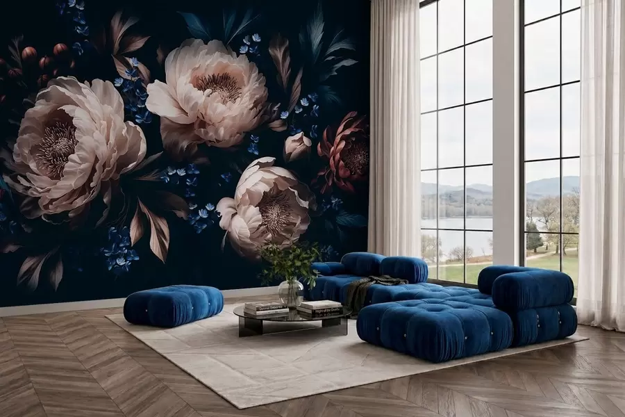 murais de parede Composição floral em tons escuros com flores grandes e folhas w05533