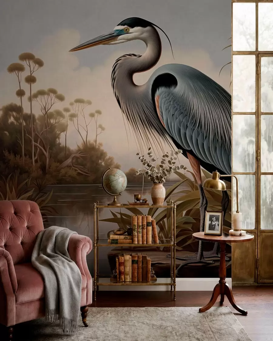 murais de parede Garça junto à água, entre as plantas da margem w05572