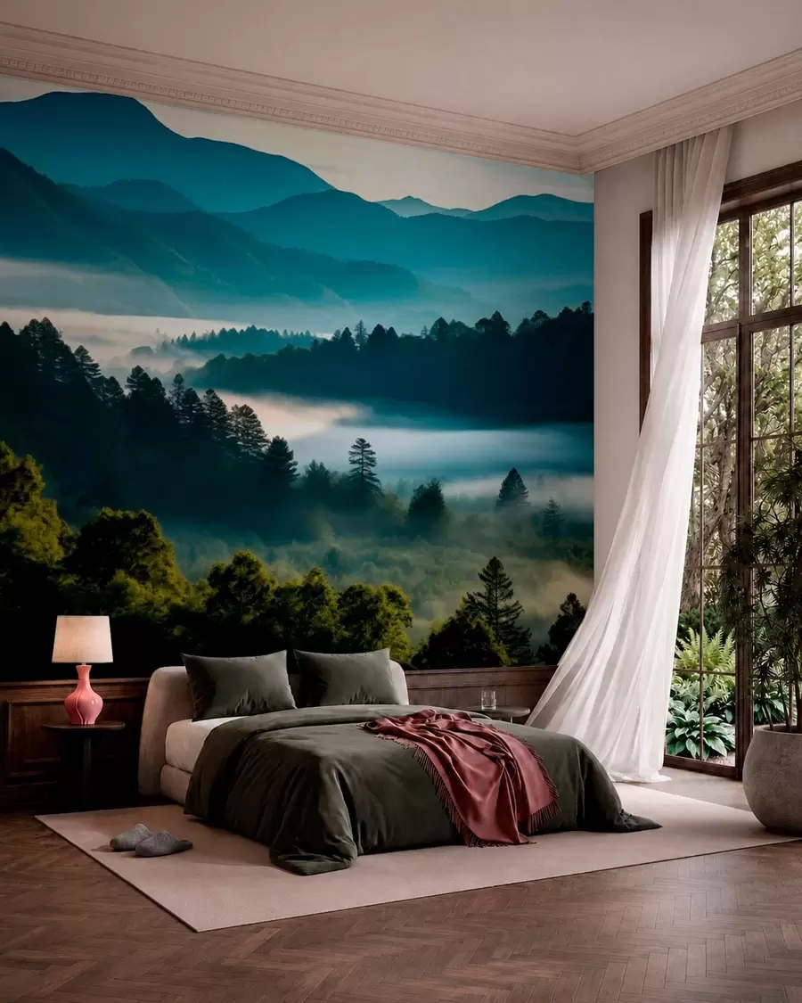 murais de parede Paisagem montanhosa com neblina e florestas ao amanhecer w05573