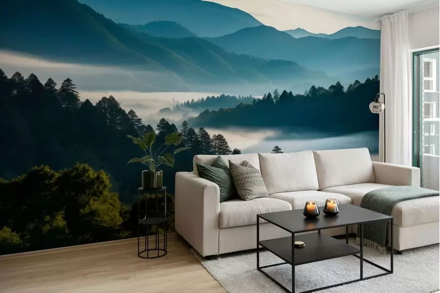 murais de parede Paisagem montanhosa com neblina e florestas ao amanhecer w05573