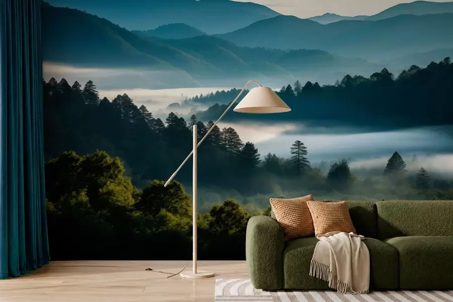 murais de parede Paisagem montanhosa com neblina e florestas ao amanhecer w05573