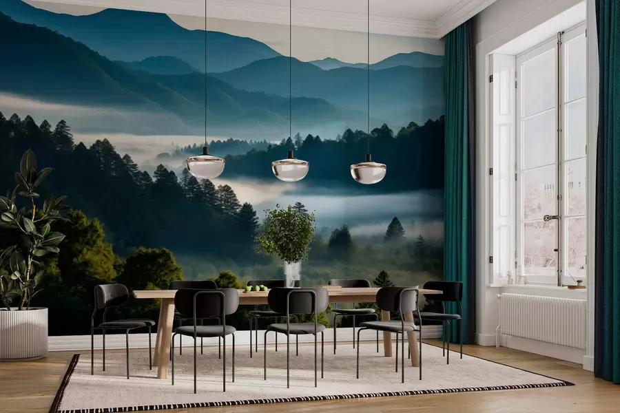 murais de parede Paisagem montanhosa com neblina e florestas ao amanhecer w05573