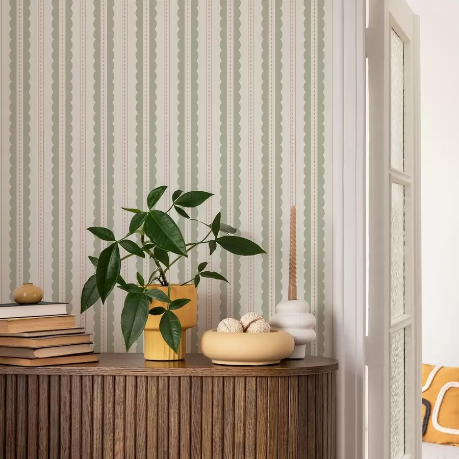 murais de parede Listras onduladas em verde claro com bolinhas laranja a01185v3