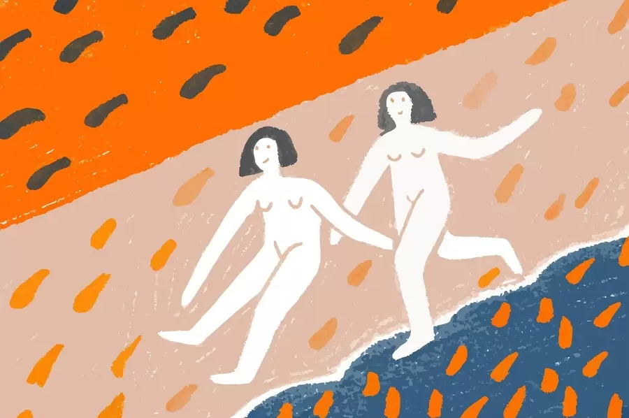 murais de parede arte contemporânea: duas mulheres correndo ao longo da costa w05564