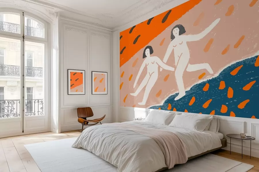 murais de parede arte contemporânea: duas mulheres correndo ao longo da costa w05564
