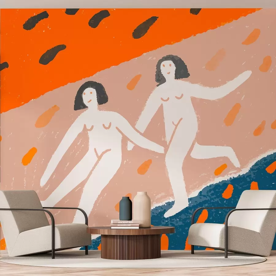 murais de parede arte contemporânea: duas mulheres correndo ao longo da costa w05564