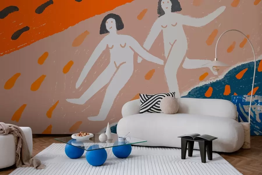 murais de parede arte contemporânea: duas mulheres correndo ao longo da costa w05564
