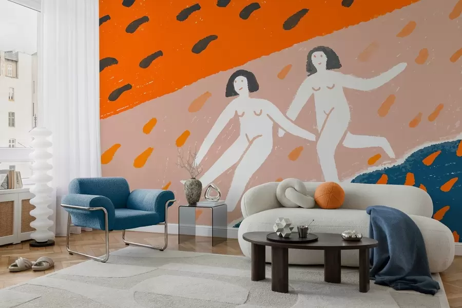 murais de parede arte contemporânea: duas mulheres correndo ao longo da costa w05564