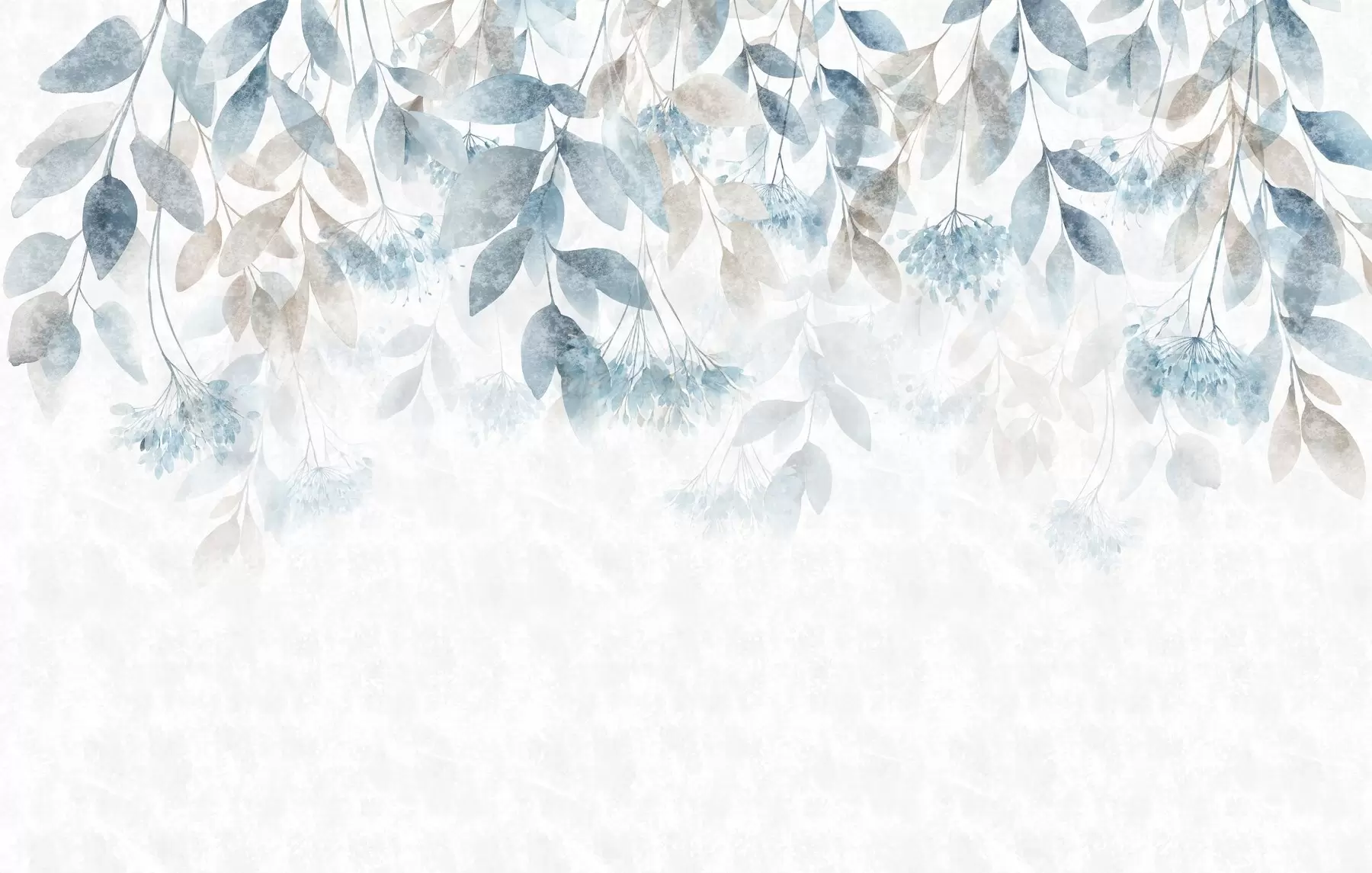 murais de parede folhas texturizadas e em cascata com flores em tons de turquesa e bege w05565