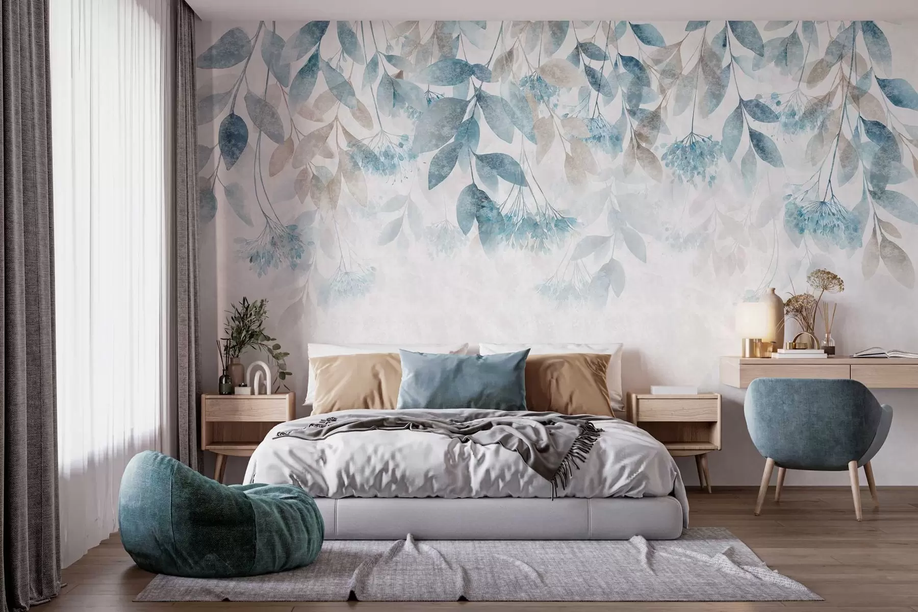 murais de parede folhas texturizadas e em cascata com flores em tons de turquesa e bege w05565