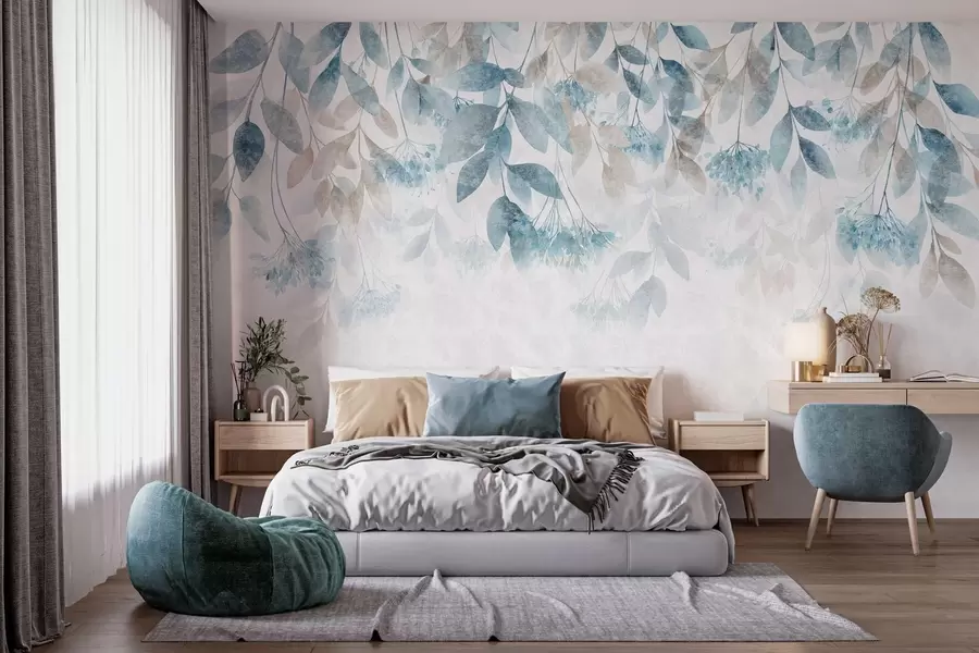 murais de parede folhas texturizadas e em cascata com flores em tons de turquesa e bege w05565