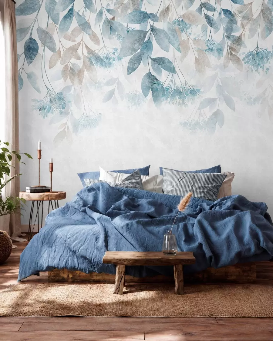 murais de parede folhas texturizadas e em cascata com flores em tons de turquesa e bege w05565
