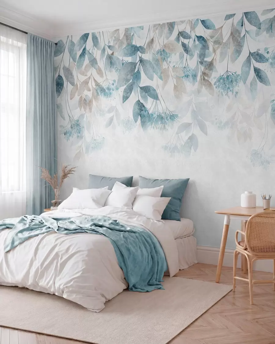 murais de parede folhas texturizadas e em cascata com flores em tons de turquesa e bege w05565