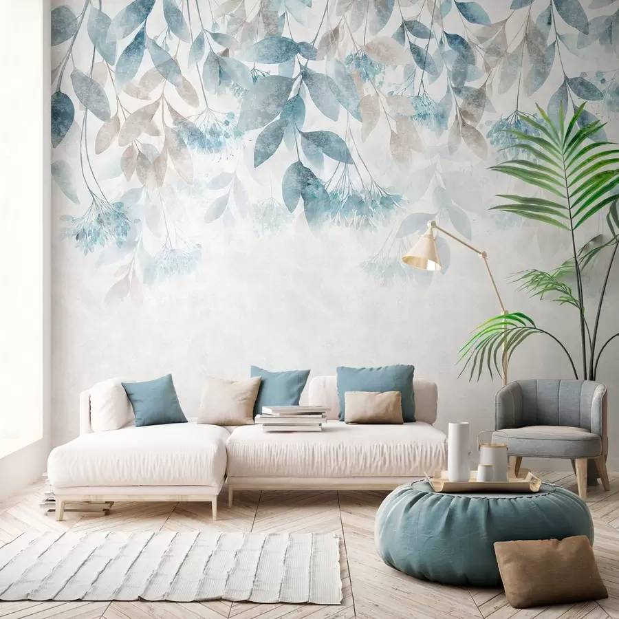 murais de parede folhas texturizadas e em cascata com flores em tons de turquesa e bege w05565