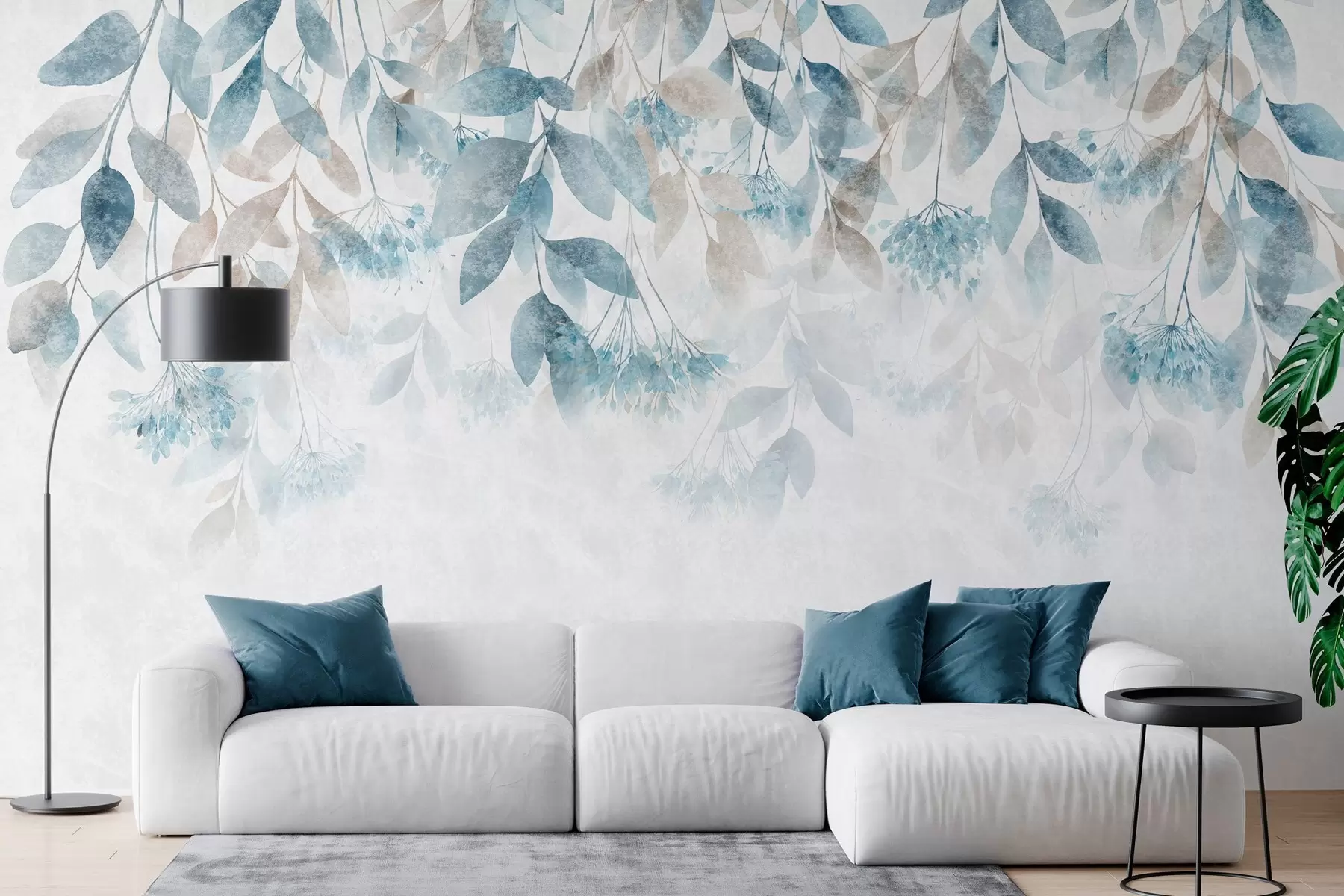 murais de parede folhas texturizadas e em cascata com flores em tons de turquesa e bege w05565