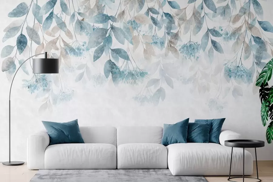 murais de parede folhas texturizadas e em cascata com flores em tons de turquesa e bege w05565