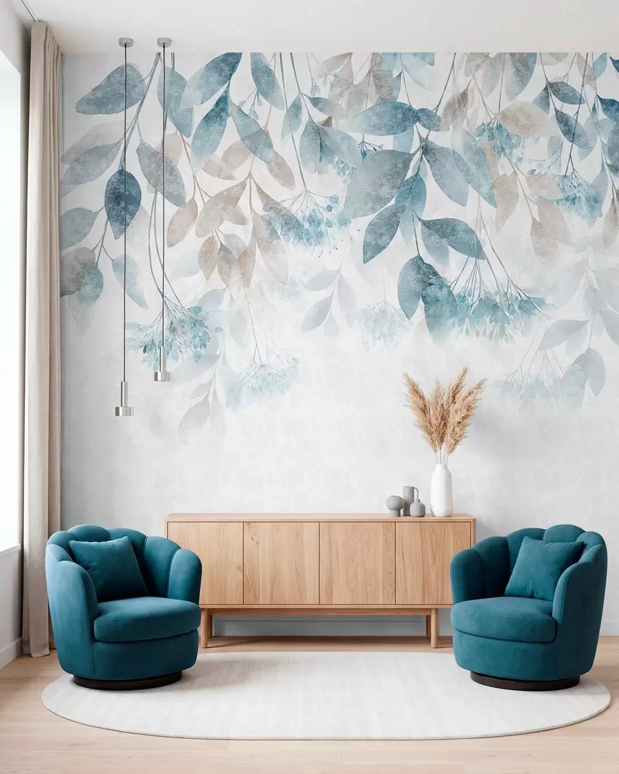 murais de parede folhas texturizadas e em cascata com flores em tons de turquesa e bege w05565