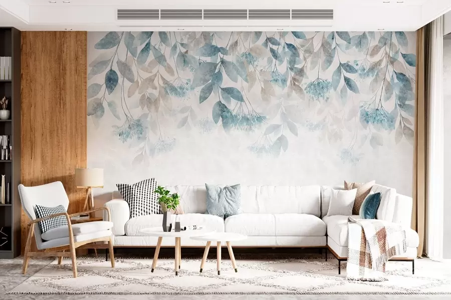 murais de parede folhas texturizadas e em cascata com flores em tons de turquesa e bege w05565